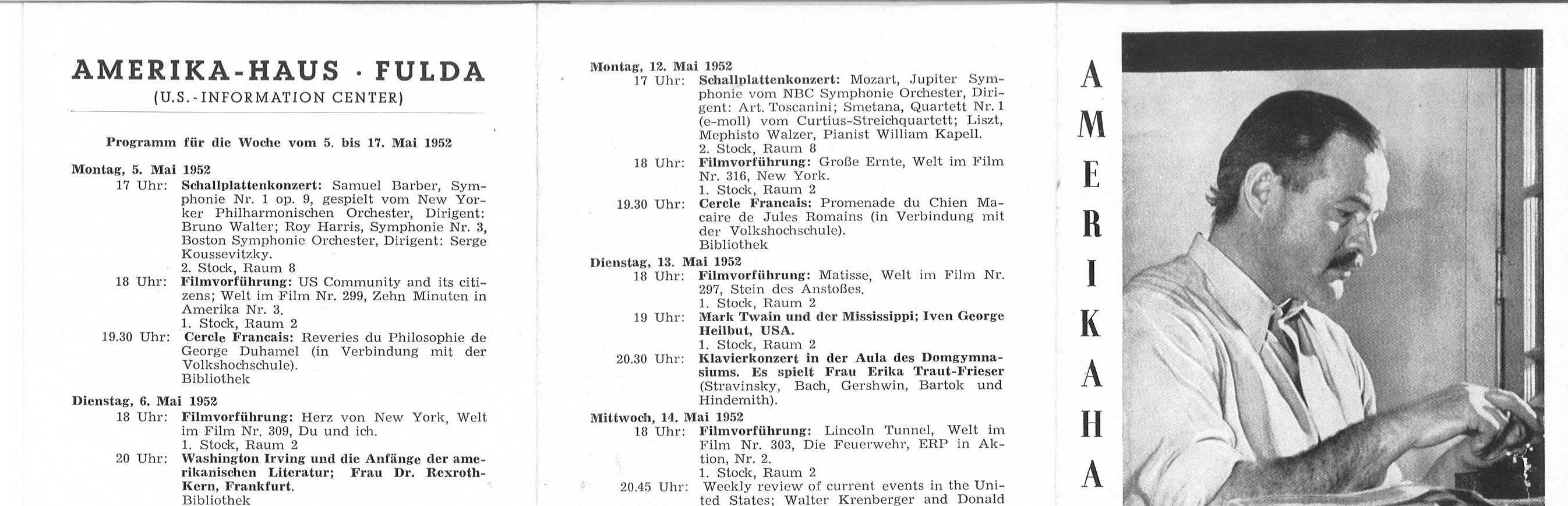 Ein Wochenprogramm des Amerika-Hauses in Fulda mit bevorstehenden Veranstaltungen und Ernest Hemingway auf dem Titelbild aus dem Jahre 1952